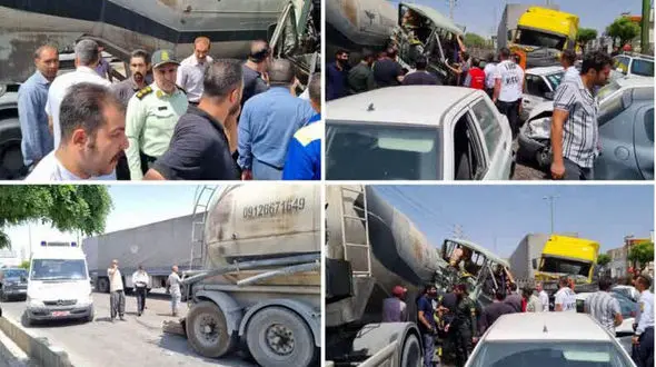 تصادف هولناک کامیون کشنده با 21 خودرو در گیلاوند / کامیون ترمز بریده بود + فیلم و عکس