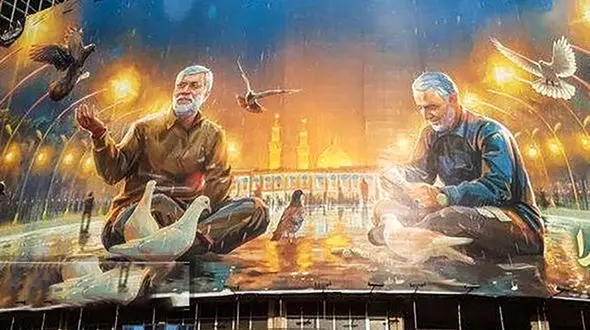 تصویر سردار سلیمانی و ابومهدی روی دیوارنگاره میدان ولی عصر(عج)