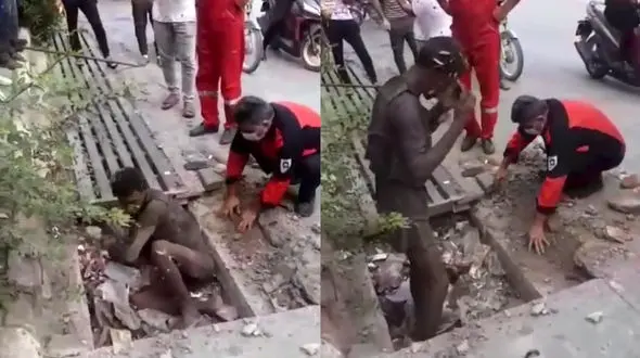 عجیب ترین فیلم از گیرکردن مرد شلوارکی زیر پل جوی آب