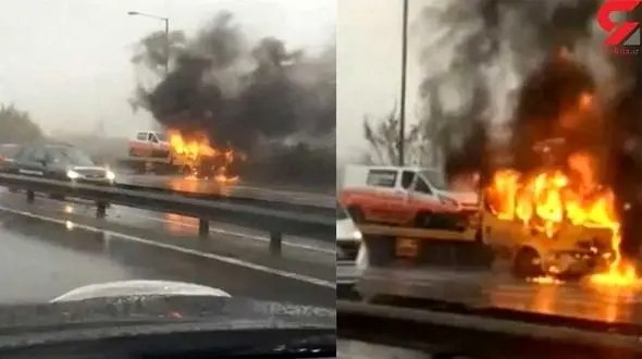 فیلم لحظه آتش گرفتن کامیون در بزرگراه زیر بارش باران+ عکس
