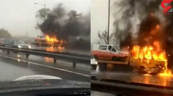 فیلم لحظه آتش گرفتن کامیون در بزرگراه زیر بارش باران+ عکس