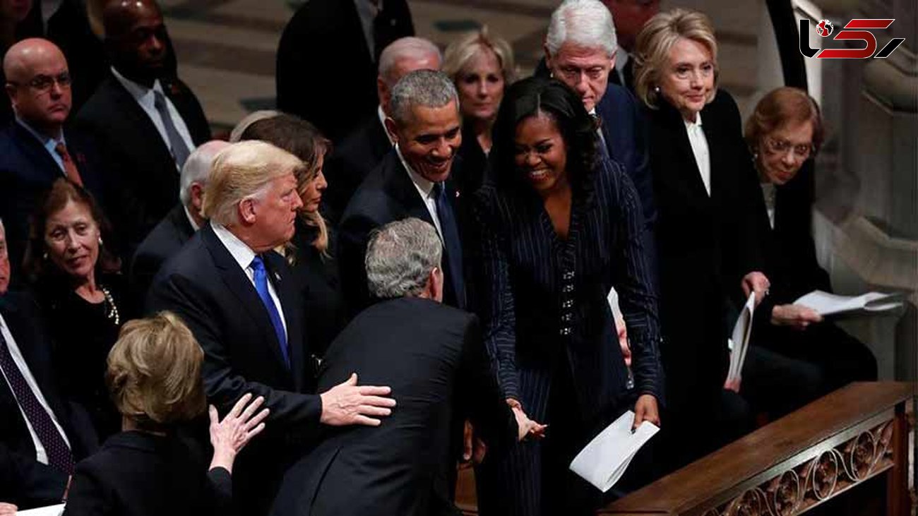 دردسر  کنار هم نشستن ترامپ، اوباما، کلینتون و کارتر در مراسم ترحیم جورج بوش پدر +عکس