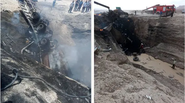 سقوط مرگبار تریلی در سرخه منجر به حریق شد / پیکر راننده پیدا نشد