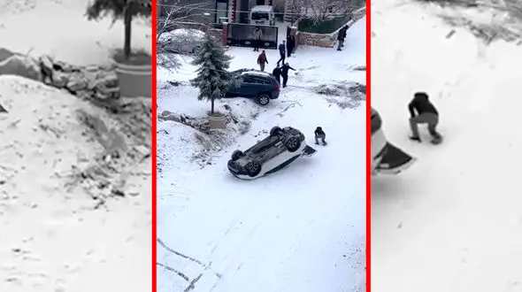 فیلم واژگونی خودرو و حرکت روی سقف در ترکیه