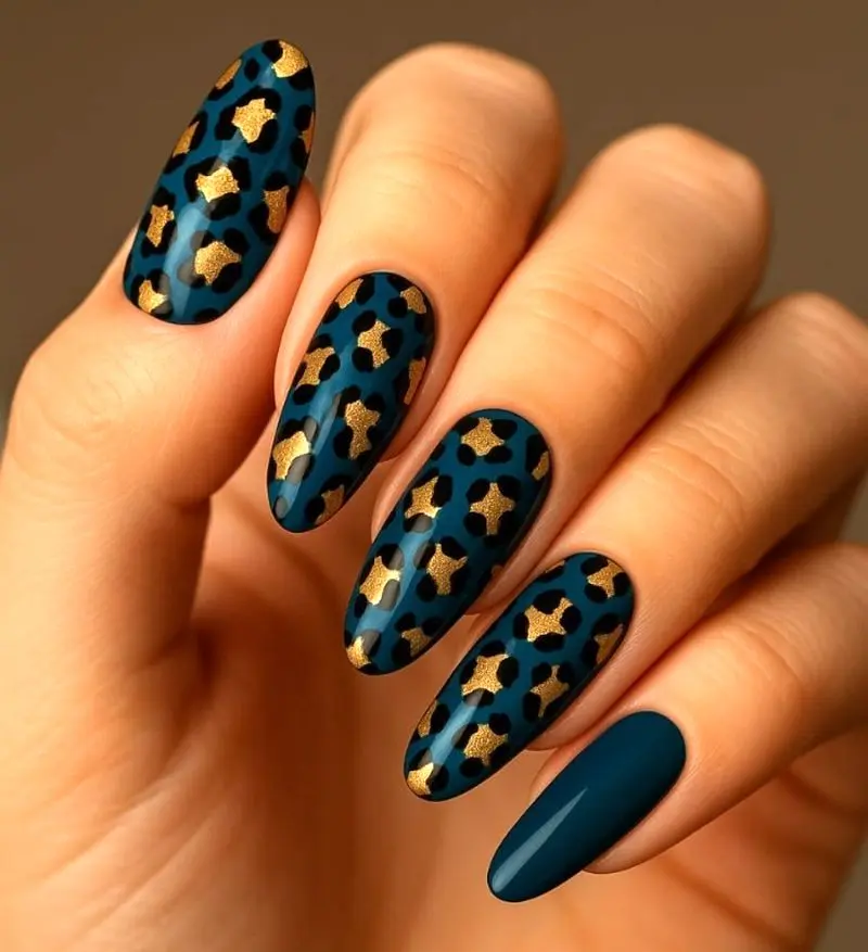 لاک پلنگی آبی نفتی و طلایی