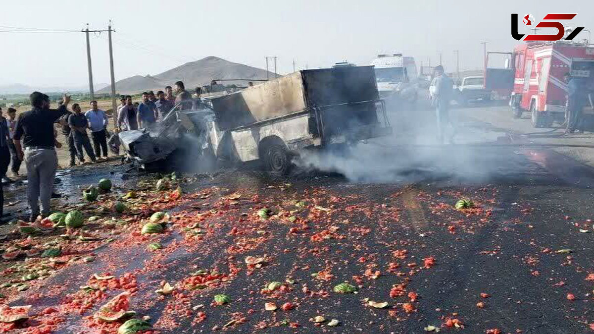 مرگ هولناک 8 کودک و زن و مرد در تصادف نیسان با پژو  درخنداب / همه در آتش سوختند