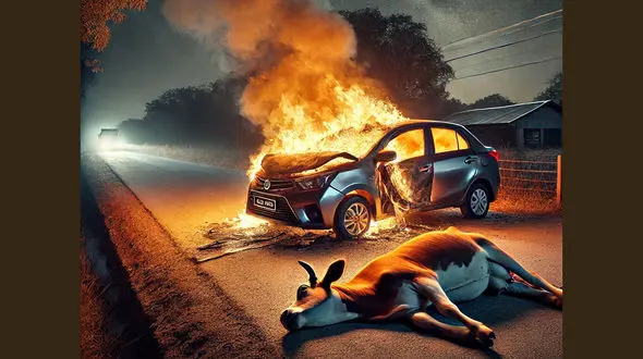 فیلم صحنه تصادف پراید با گاو/ گاو زنده ماند پراید در آتش سوخت