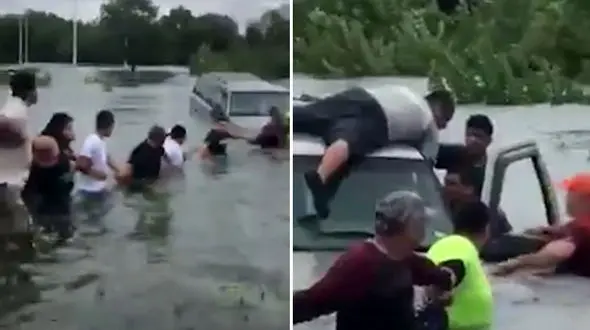 همکاری جالب مردم برای نجات مرد گرفتار شده در سیل + فیلم