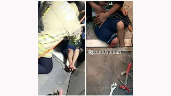 گیرکردن پاهای پسر 10 ساله بین دیوار و کابین آسانسور + عکس های دلخراش 