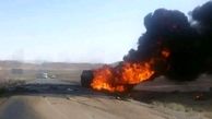 در تصادف وانت نیسان و تانکر سوخت راننده و سرنشین تانکر در شعله های آتش جان باختند+تصاویر 