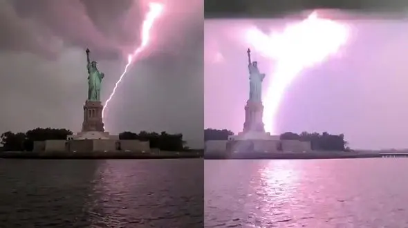 لحظه اصابت صاعقه به مجسمه آزادی در نیویورک + فیلم