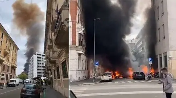 اولین فیلم سوختن خودر منفجر شده در میلان / خیابان بسته شد