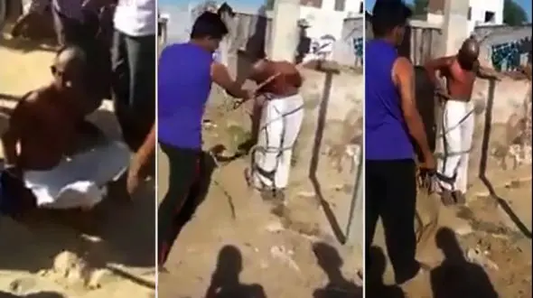 به چوب بستن جوانی توسط مردم که دختر 10 ساله را آزار داده بود + فیلم و عکس
