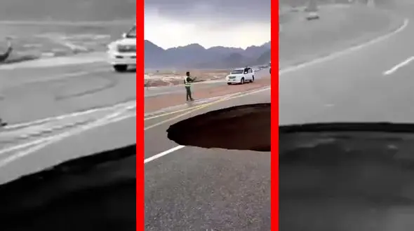 فیلم فرونشست بزرگ وسط جاده در عربستان