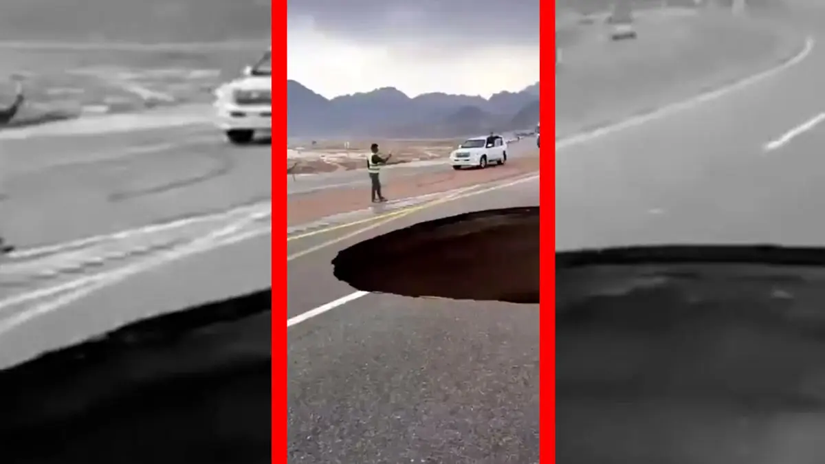 فیلم فرونشست بزرگ وسط جاده در عربستان