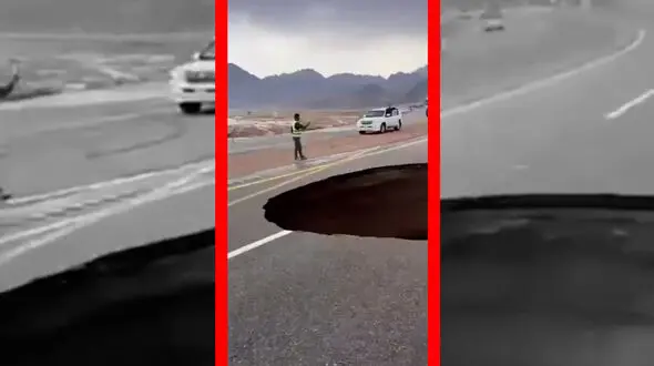 فیلم فرونشست بزرگ وسط جاده در عربستان