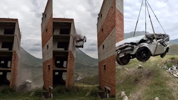 پرش احمقانه با ماشین شاسی بلند از پشت بامی به پشت بام دیگر / معجزه در زنده ماندن+ فیلم 