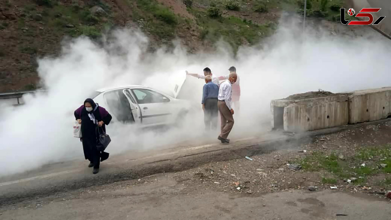 آتش سوزی خودروی 206 در سوادکوه/ سرنشینان جان سالم به در بردند + عکس