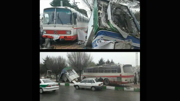 اتوبوس بنز با دکه مطبوعاتی در کرمانشاه تصادف کرد+ تصاویر 