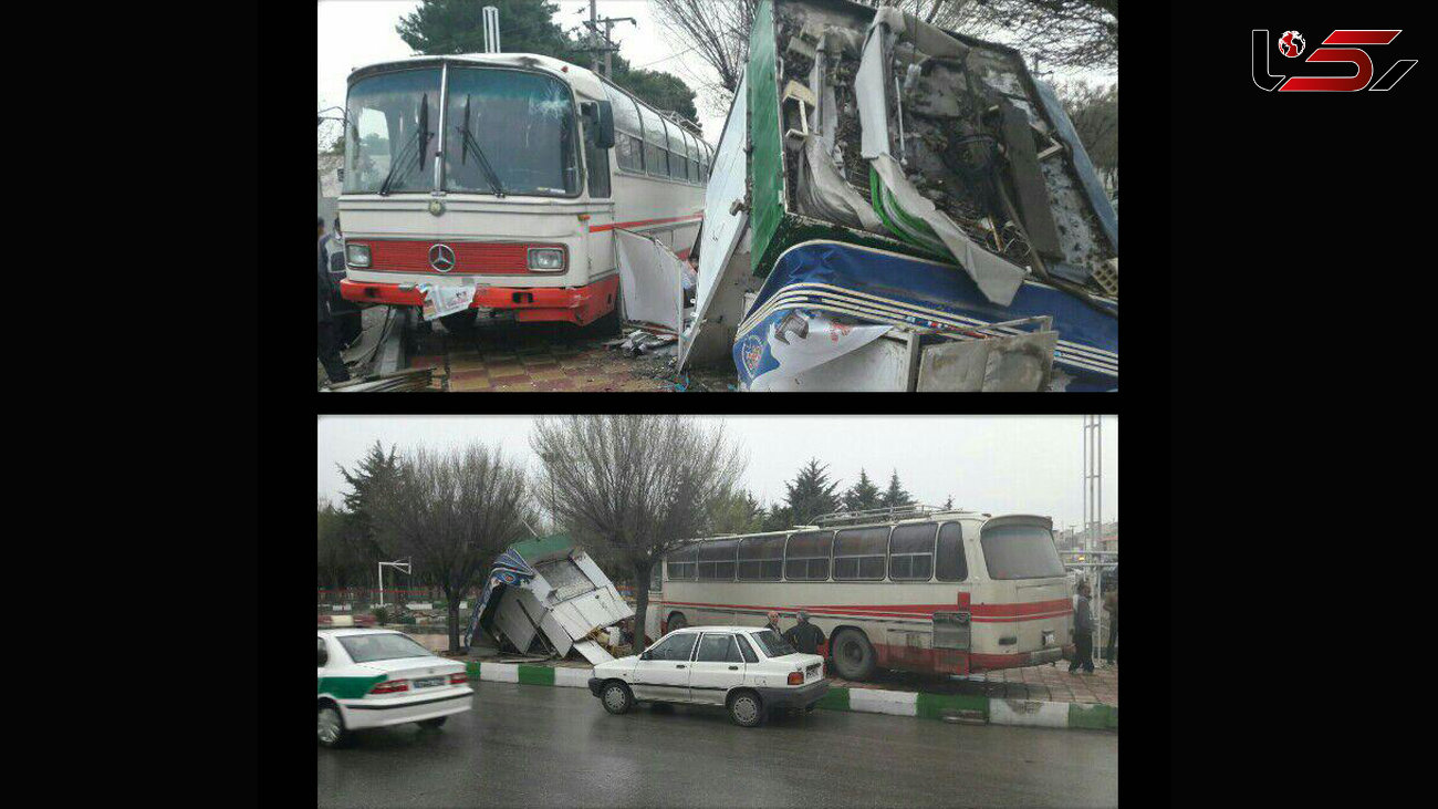 اتوبوس بنز با دکه مطبوعاتی در کرمانشاه تصادف کرد+ تصاویر 
