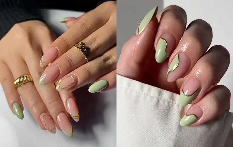 مدل ناخن سبز ماچا با طرح خطی
