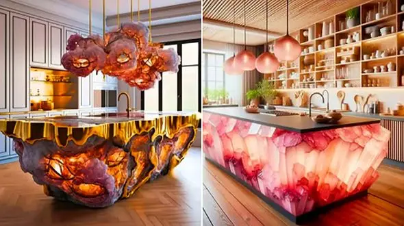 15 مدل لاکچری میز جزیره کریستال معدنی؛ ایده‌ هایی برای آشپزخانه‌ های مدرن