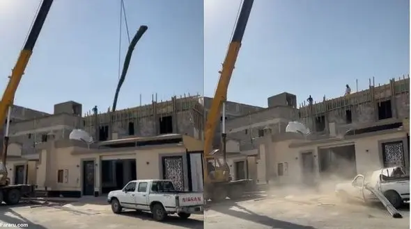ببینید / سقوط ناگهانی میلگرد از جرثقیل بر روی وانت؛ چسبیدن سقف خودرو به آسفالت!