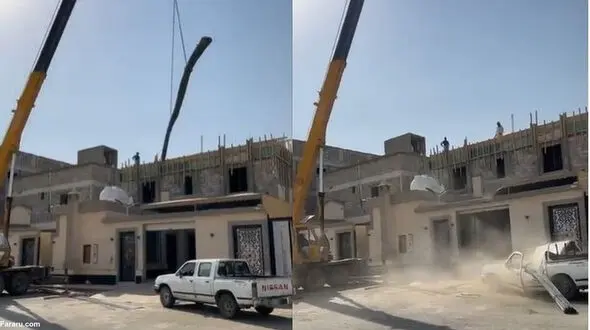 ببینید / سقوط ناگهانی میلگرد از جرثقیل بر روی وانت؛ چسبیدن سقف خودرو به آسفالت!