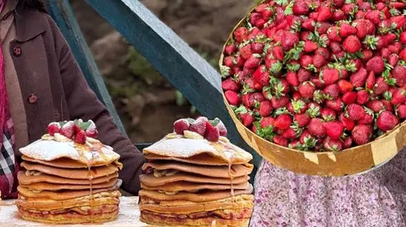 طرز تهیه مربا و پنکیک توت فرنگی به سبک غذای روستایی ایرانی + فیلم