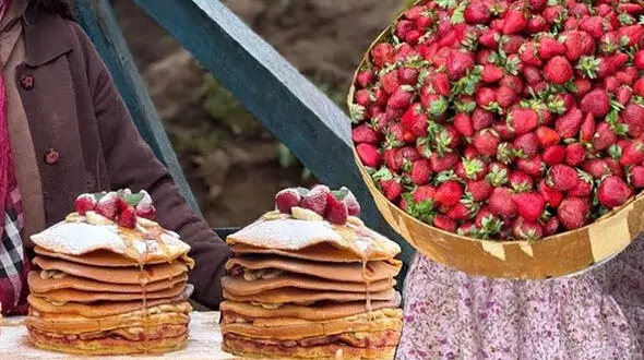 طرز تهیه مربا و پنکیک توت فرنگی به سبک غذای روستایی ایرانی + فیلم
