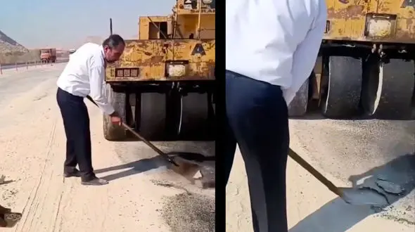 فیلم اقدام تحسین‌برانگیز پلیس راه کنگان / افسر وظیفه‌شناس با کندن آسفالت تقلبی مسافران را نجات داد