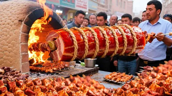 چین و غذای خیابانی باورنکردنی؛ کباب بره سنگین وزن روی سیخ‌ های عظیم!