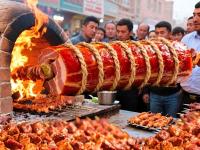 چین و غذای خیابانی باورنکردنی؛ کباب بره سنگین وزن روی سیخ‌ های عظیم!
