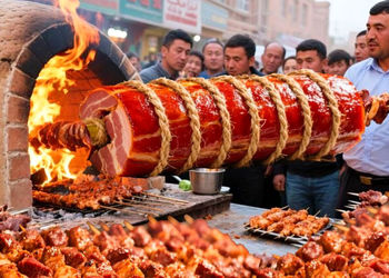 چین و غذای خیابانی باورنکردنی؛ کباب بره سنگین وزن روی سیخ‌ های عظیم!