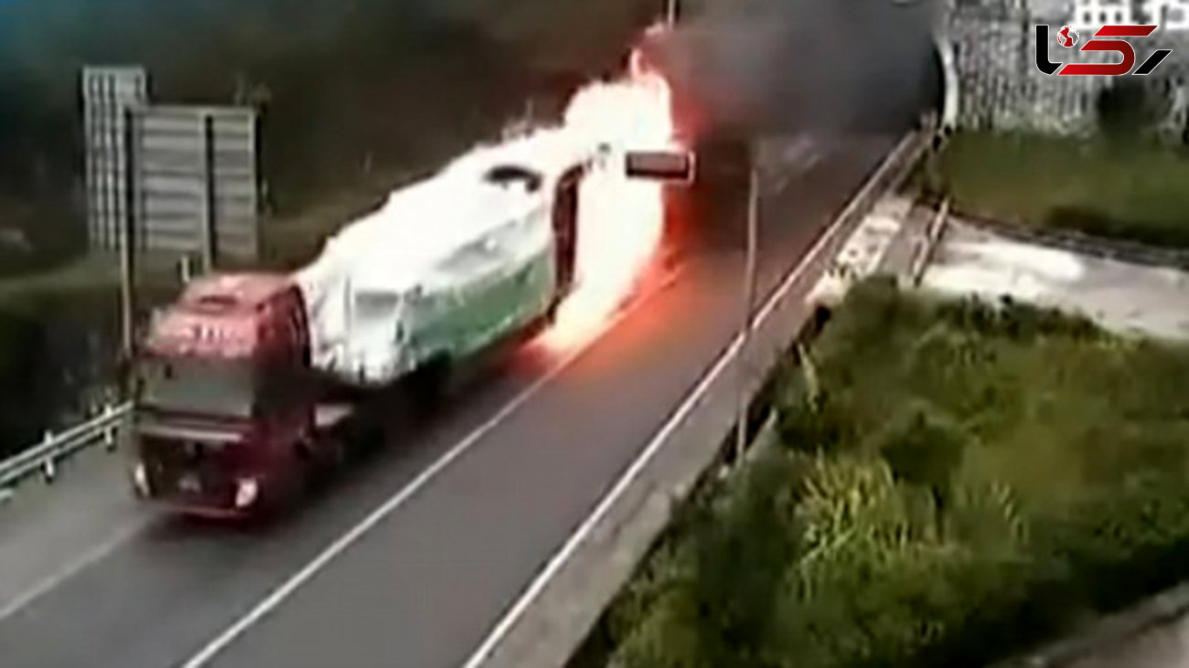 کامیون آتش گرفته در اتوبان وحشت همه را برانگیخت + فیلم و عکس