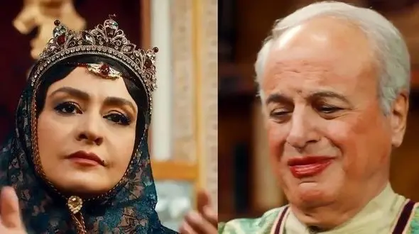 فیلم/ وقتی مادر ناصرالدین شاه خواجه جیران رو آرایش کرده با لباس زنونه میبره تو دورِهمی زن‌های شاه !