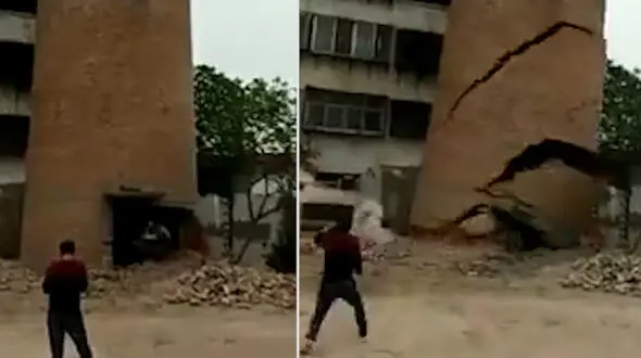لحظه زنده به گور شدن 2 مرد در ریزش  برج باستانی+ فیلم