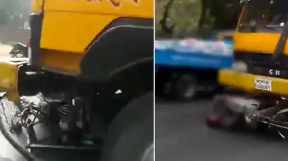 تصاویر دلخراش کشیده شدن دوچرخه سوار زیر چرخ های کامیون + فیلم