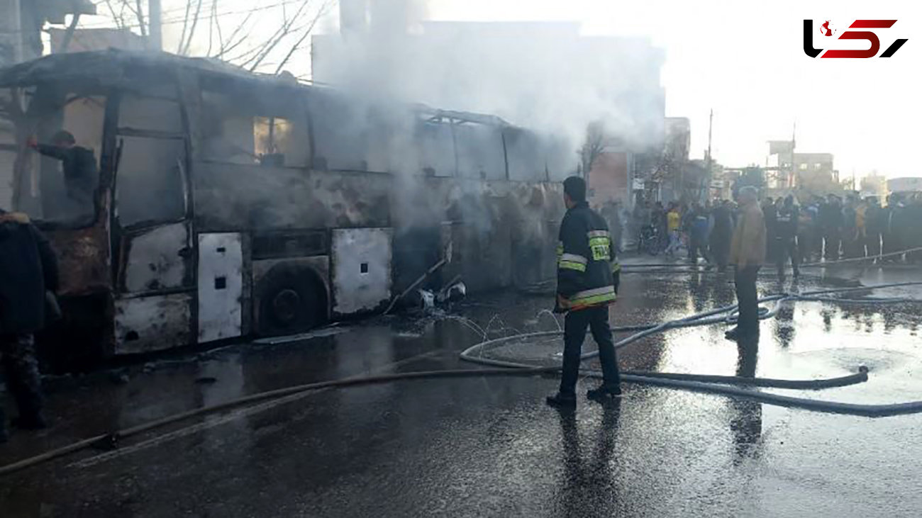 بررسی علت آتش‌گرفتن اتوبوس کارگران مینودشتی معدن طبس + فیلم