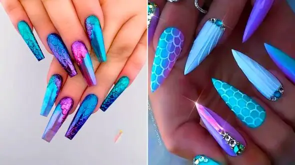 ترکیب رنگ‌ های درخشان برای ناخن‌ ها؛ دیزاین تم پری دریایی + 15 مدل