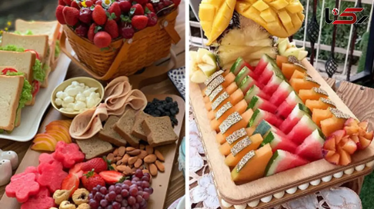 میوه‌ آرایی حرفه‌ ای با میوه‌ های تابستانی برای میز مهمانی
