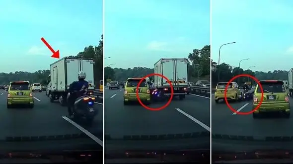 فیلم لحظه خطرناک برای مرد موتورسوار ! / خونسردی راننده کامیونت