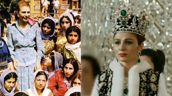 عکس سفر نوروزی فرح پهلوی به گیلان تبخترانه /  با لباس گل گلی میان زنان لاهیجانی