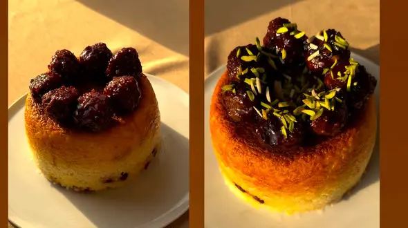 دستور پخت ته چین آلبالو پلو با گوشت قلقلی و مغز آلبالو + فیلم