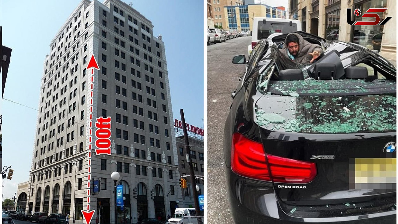 خودکشی یک جوان از ساختمان بلند روی بی ام و/ ماشین  لاکچری له شد + عکس ها 