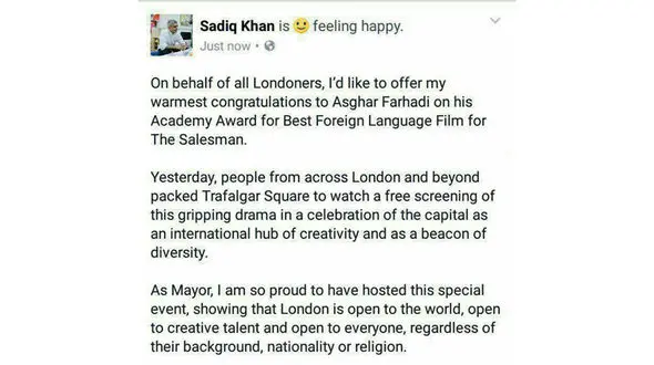 تبریک شهردار لندن به اصغر فرهادی 