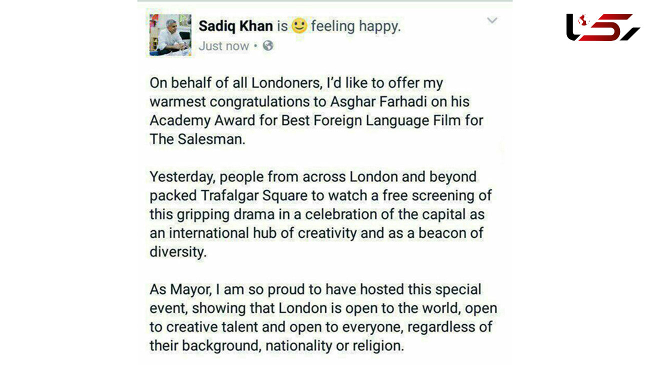 تبریک شهردار لندن به اصغر فرهادی 