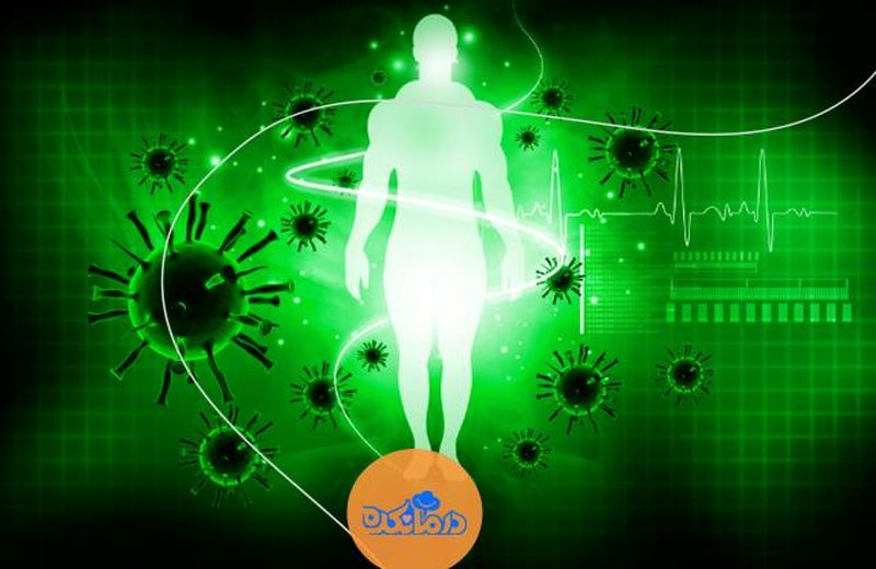 یک انسان که در برابر سلول‌های بیگانه و ویروس‌ها ایستاده است.