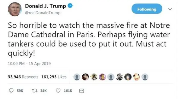 سوژه‎شدن‎توصیه‎ترامپ‎برای‎خاموش‎کردن‎آتش‎کلیسا+عکس