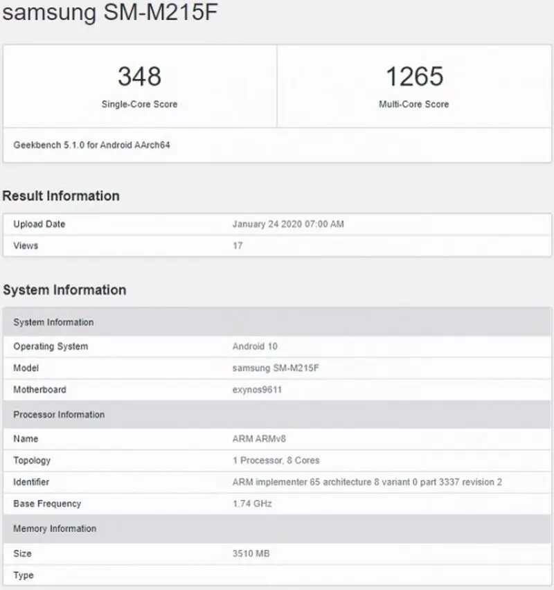 تائید مشخصات گلکسی M21 در آزمایش Geekbench